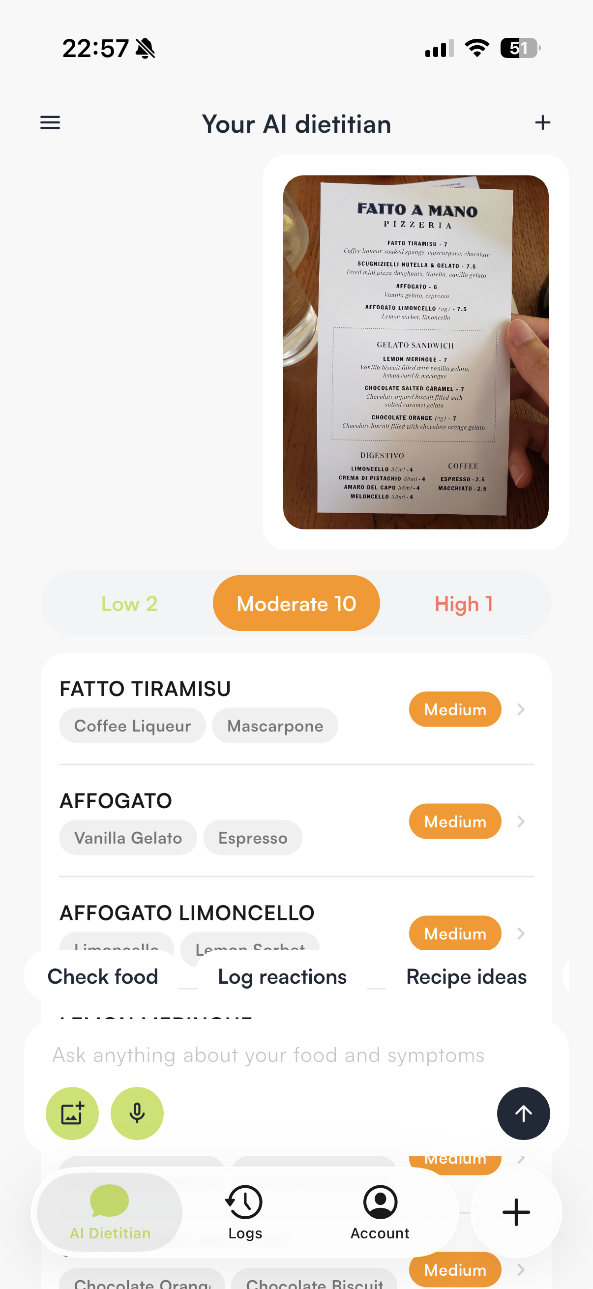 Hara menu scan showing personalized Low, Moderate, and High dish results